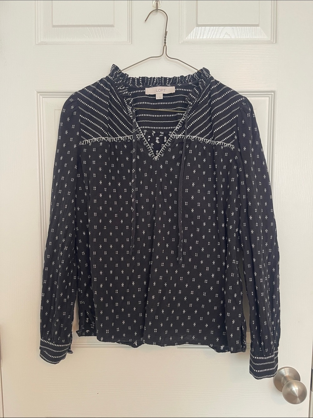LOFT Black Printed Peasant Top